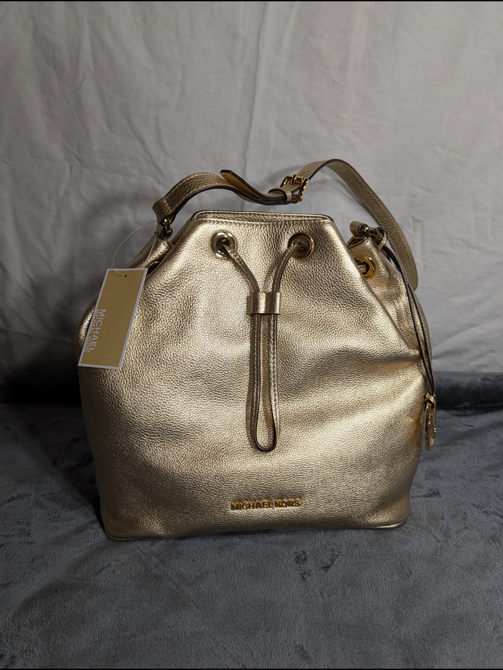 Michael Kors Metallic Gold Leather Drawstring Shoulder Bucket Bag